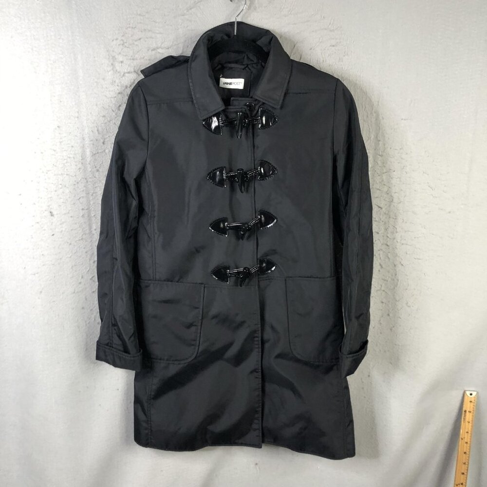 Jane Post Rain Coat Womens XS Black Hooded Toggle Front Nylon Lined Mid Length